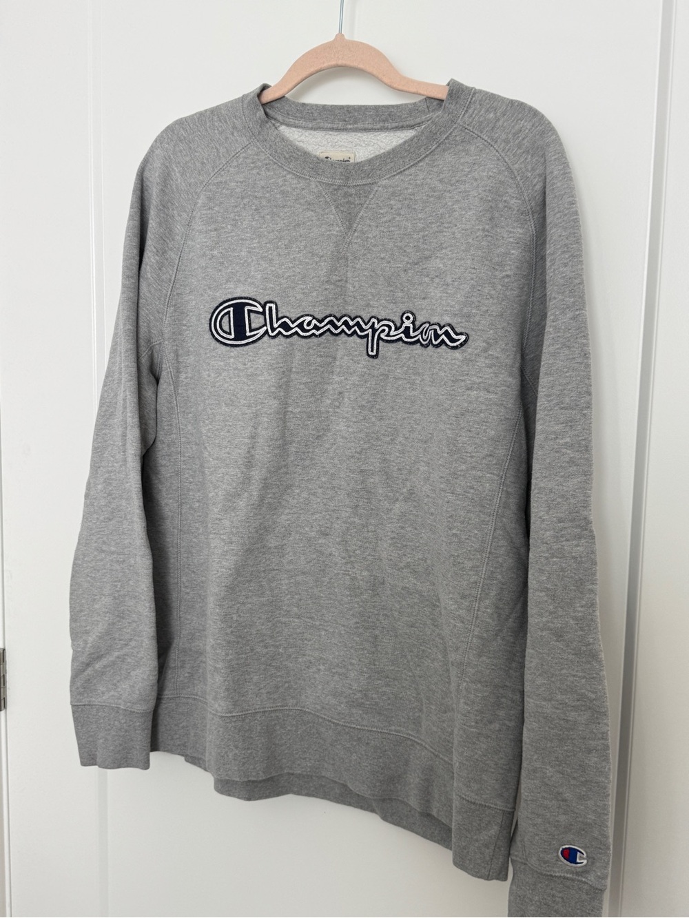 Champion Men’s Light Gray Crewneck with Navy Script Logo